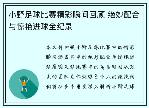 小野足球比赛精彩瞬间回顾 绝妙配合与惊艳进球全纪录