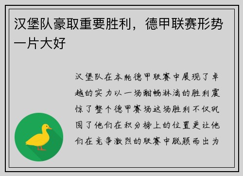 汉堡队豪取重要胜利，德甲联赛形势一片大好