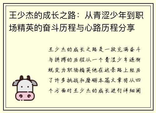 王少杰的成长之路：从青涩少年到职场精英的奋斗历程与心路历程分享