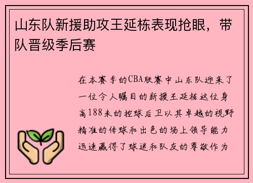 山东队新援助攻王延栋表现抢眼，带队晋级季后赛