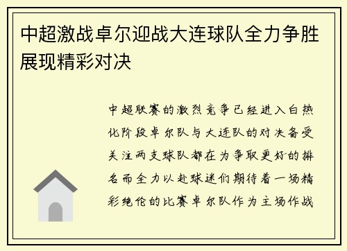 中超激战卓尔迎战大连球队全力争胜展现精彩对决