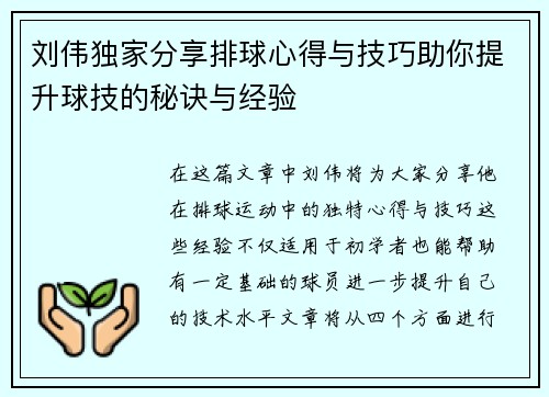 刘伟独家分享排球心得与技巧助你提升球技的秘诀与经验