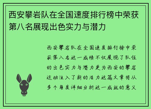 西安攀岩队在全国速度排行榜中荣获第八名展现出色实力与潜力