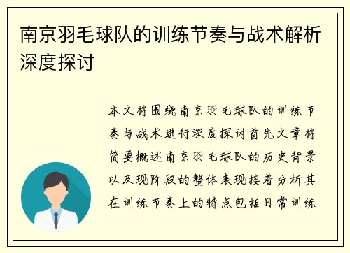 南京羽毛球队的训练节奏与战术解析深度探讨