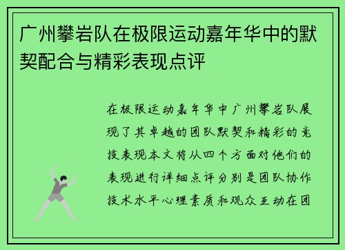 广州攀岩队在极限运动嘉年华中的默契配合与精彩表现点评