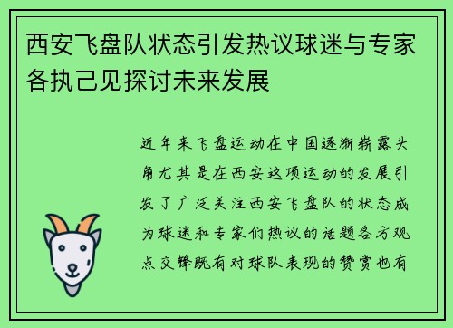 西安飞盘队状态引发热议球迷与专家各执己见探讨未来发展